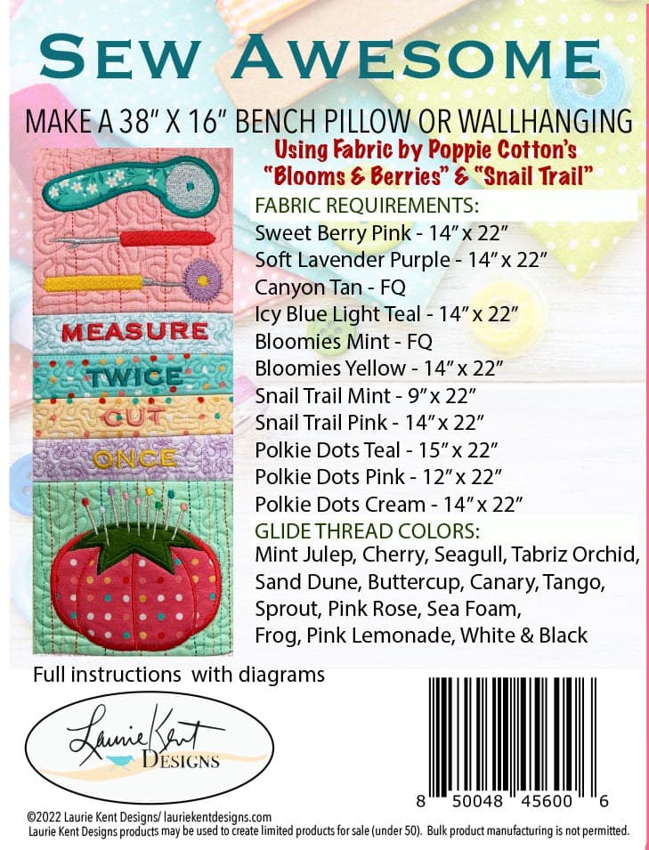 Laurie Kent Designs Sew Awesome Bench Pillow Machine Embroidery — image 4